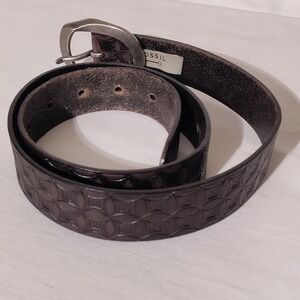Fossil Dark Brown / Black Leather Belt Geometric Silver Buckle 1.25"x37" Sz S